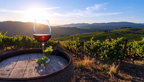 A glass of 10-year-old tawny wine placed on a barrel in a vineyard restaurant, vineyard landscape