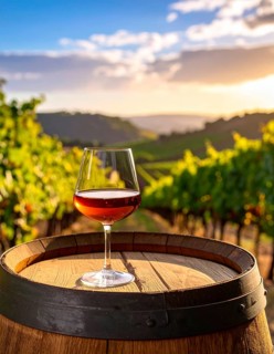 A glass of 10-year-old tawny wine placed on a barrel in a vineyard restaurant, vineyard landscape
