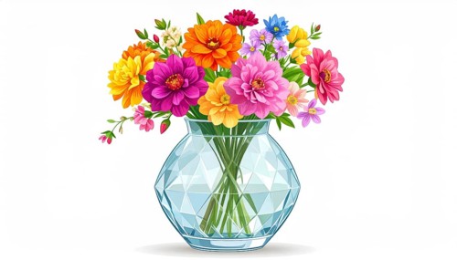 Crystal glass vase with vibrant blooming flowers, vibrant vector drawing illustration for fresh