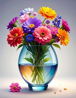Crystal glass vase with vibrant blooming flowers, vibrant vector drawing illustration for fresh