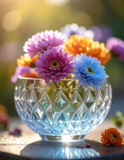 Crystal glass vase with vibrant blooming flowers, fresh spring and summer concept, AI generated