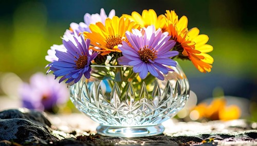 Crystal glass vase with vibrant blooming flowers, fresh spring and summer concept, AI generated
