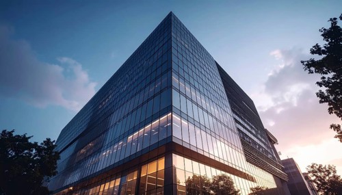 Modern building reflecting sunset light at dusk. Abstract Futuristic Business Background, AI