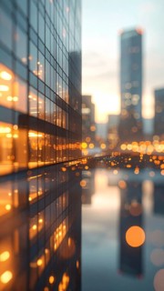 Modern building reflecting sunset light at dusk. Abstract Futuristic Business Background, AI