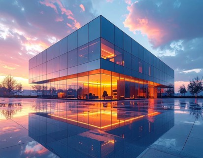 Modern building reflecting sunset light at dusk. Abstract Futuristic Business Background, AI