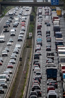 Traffic jam on the A3 motorway between the Hilden junction and the Mettmann junction, view to the
