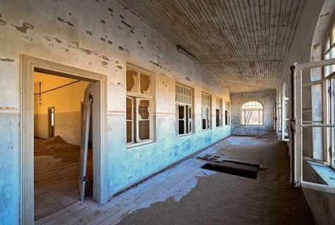 Former dwelling house full of sand, Kolmanskop, restricted diamond area, Karas region, Namibia