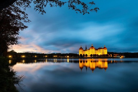 Moritzburg Castle in the blue hour, castle pond, reflection, sunset, Moritzburg, Saxony, Germany