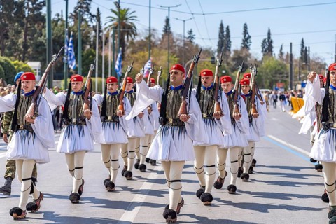 The traditional changing of the guard of the Evzones in front of the Greek Parliament in the Greek