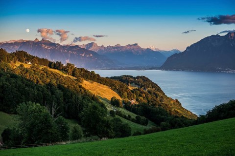 Panorama, Lake and mountains, Tour-de-Gourze, Riex, Sunset, Lavaux, UNESCO World Heritage Site,