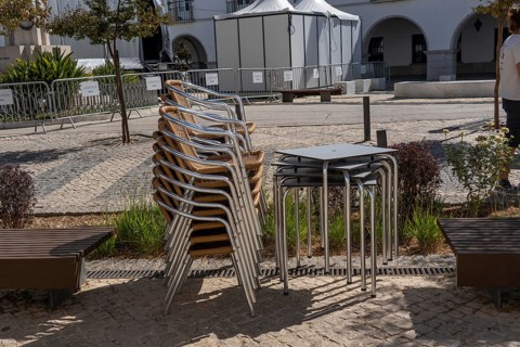 Restaurant furniture, for outdoor catering, tables, chairs, stacked, day off, catering closed, old