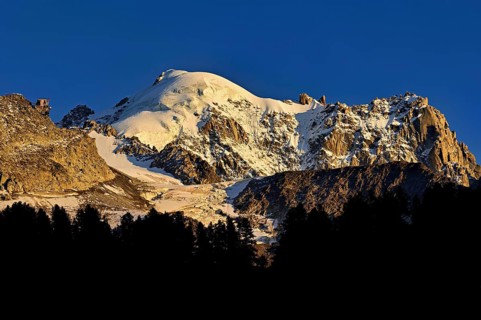 Aiguille des Grands Montets and snow-covered Aiguille Verte, Chamonix-Mont-Blanc, Haute-Savoie,