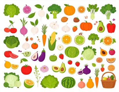 Spring and summer fruit and vegetable element set, vector illustration, AI generated