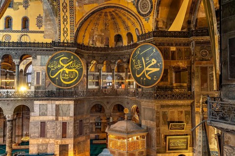 Interior of today's Hagia Sophia mosque or Church of St Sophia, former Byzantine church and museum