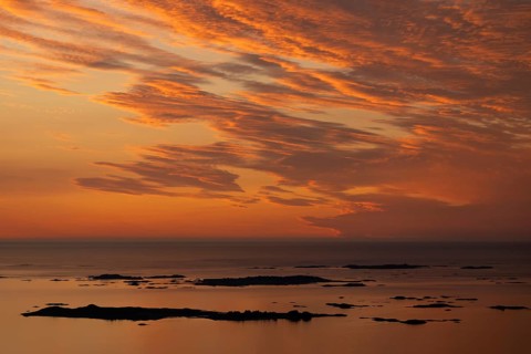 Offshore islands and skerries, sea, dramatically illuminated clouds, sunset, Otroya or Otrøya