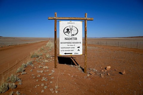 Namtib Biosphere Reserve sign on the D707, Tiras Mountains, Karas Region, Namibia