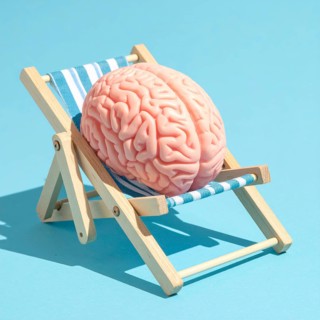 Brain relaxes on a sunbed under the summer sun, placed on a flat surface, symbol for mental health,