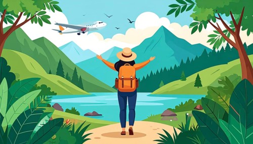 Traveling and hiking in mountain landscape, abstract vector illustration, AI generated image