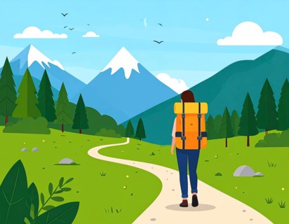 Traveling and hiking in mountain landscape, abstract vector illustration, AI generated image