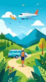 Traveling and hiking in mountain landscape, abstract vector illustration, AI generated image
