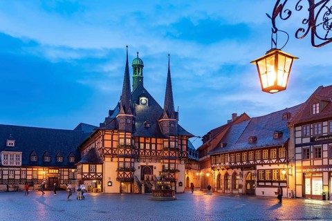 The town hall and market square in Wernigerode at dusk, Saxony-Anhalt, Germany