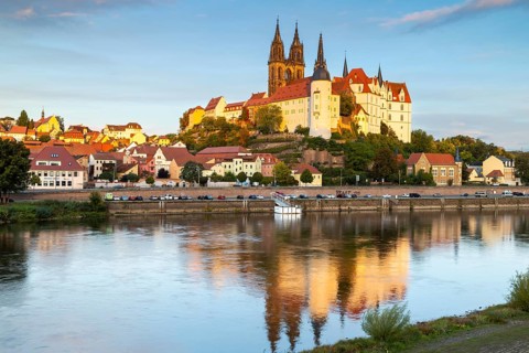 View of Albretsburg Castle and Meissen Cathedral, St. Johannis and St. Donatus, Reflection in the