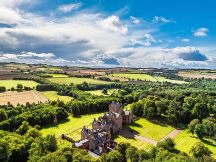 Ayton Castle from a drone, Ayton, Eyemouth, Scottish Borders, Scotland, UK
