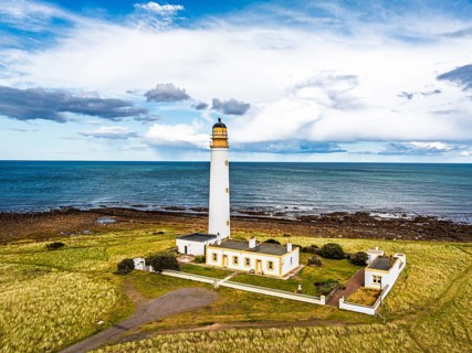 Barns Ness Lighthouse from a drone, Dunbar, East Lothian, Scotland, UK