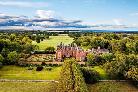 Tyninghame House over River Tyne from a drone, East Lothian, Scotland, UK