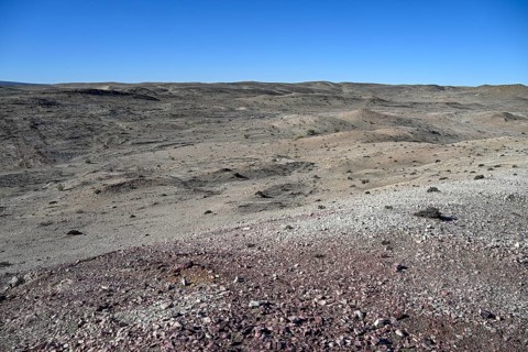Wüstenlandschaft bei Pomona, im Hintergrund der Atlantik, Diamentensperrgebiet, bei Lüderitz,