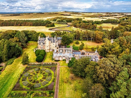 Luffness Castle from a drone, Aberlady, East Lothian, Scotland, UK