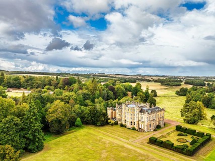Oxenfoord Castle from a drone, Midlothian, Scotland, UK