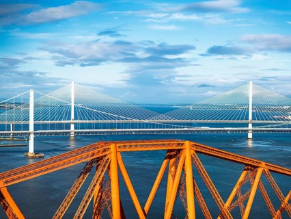 Forth Bridge from a drone, Queensferry Crossing, Forth Estuary, Scotland, United Kingdom