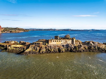 Inch Garvie Castle from a drone, Forth Bridge, Queensferry Crossing, Forth Estuary, Scotland,