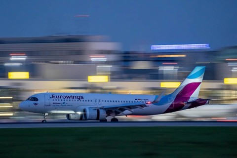 Eurowings Airbus lands at Düsseldorf Airport, North Rhine-Westphalia, Germany