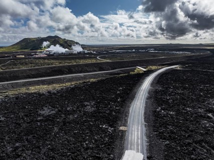 Lava, lava field, road, destroyed, summer, cloudy, sunny, aerial view, Blue Lagoon, Sundhnúkur
