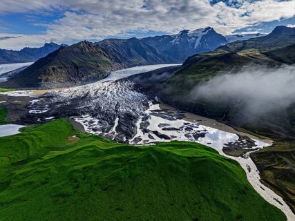 Ice floes, glacier, glacier tongue, glacier lake, sunny, cloudy, morning mood, mountains,