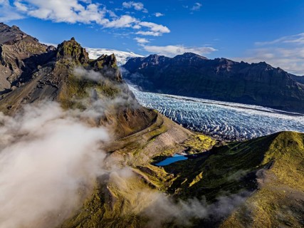 Glacier, glacier tongue, sunny, morning mood, mountains, fog, aerial view, summer, Kviarjökull,