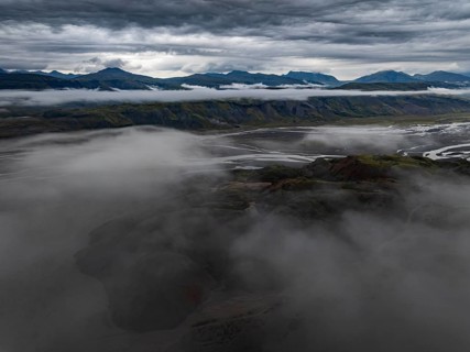 River, river course, river delta, mountains, clouds, summer, aerial view, Hvannagil, south-east