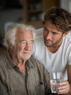 A young carer lovingly looks after a senior in an old people's home, nursing home, symbolic image