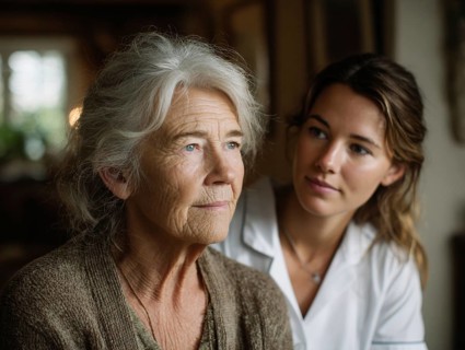 A young carer lovingly looks after a senior citizen in a nursing home, nursing home, symbolic image
