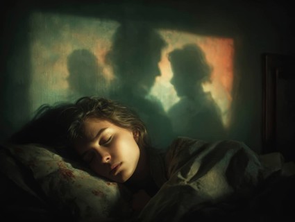 Sleeping woman with mystical shadow silhouettes in the background, symbolic image for sleep, event
