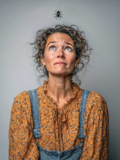 A woman looks in horror at a spider dangling from the ceiling, symbolising spider fear,