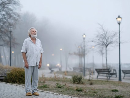 An elderly man in pyjamas stands in a cold, wintry environment, looking confused, helpless and