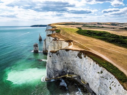 White Cliffs of Old Harry Rocks Jurassic Coast from a drone, Handfast Point, Dorset Coast, Poole,