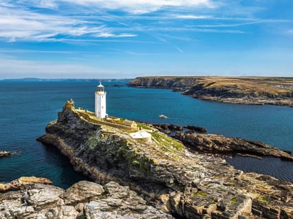 Godrevy Lighthouse from a drone, Godrevy Island, St Ives Bay, Cornwall, England, United Kingdom