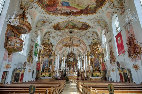 Interior, choir, main altar, pulpit, Catholic parish church of St Ulrich, Rococo, Seeg, Ostallgäu,