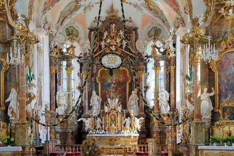 Interior view, choir, main altar, Catholic parish church of St Ulrich, Rococo, Seeg, Ostallgäu,
