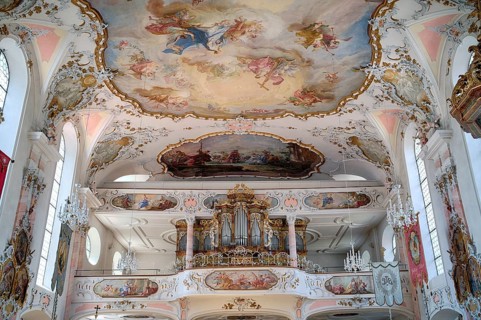 Interior photo, organ, organ loft, Catholic parish church of St Ulrich, Rococo, Seeg, Ostallgäu,
