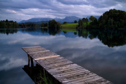 Bathing jetty, jetty, wooden jetty, jetty, leads into a lake, bathing lake, Schwaltenweiher near